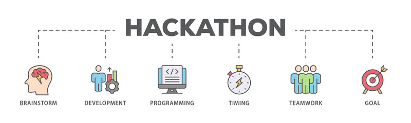 Hackathon banner web icon illustration concept for design sprint-like social coding event with icon of brainstorm, development, programming, timing, speed, teamwork, and goal © Ski14