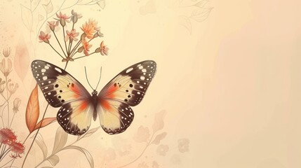 a butterfly sitting on top of a flower next to a light colored background with lots of small pink and orange flowers.