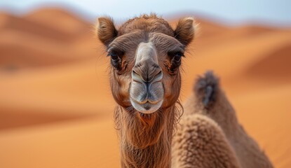 A majestic arabian camel stands tall in the desert, blending seamlessly with the aeolian landforms as it surveys its natural environment with an air of wild freedom