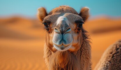 A majestic arabian camel stands tall in the desert, its hump rising against the sandy landscape as it surveys its natural habitat with a sense of resilience and grace