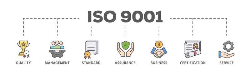 ISO 9001 banner web icon illustration concept with icon of quality, management, standard, assurance, business, certification and service - obrazy, fototapety, plakaty