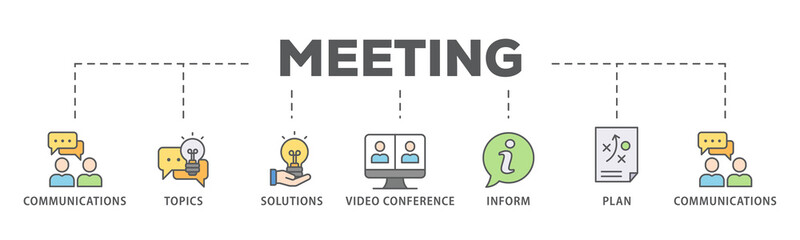 Meeting banner web icon illustration concept  business meeting and discussion with communications, topics, solutions, plan, inform and video conference icon