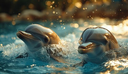 Two graceful bottlenose dolphins, one common and one wholphin, glide effortlessly through the crystal blue waters, embodying the beauty and majesty of these intelligent marine mammals