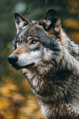 Naklejka na ściany i meble Dark grey wolf in its natural habitat with a close-up portrait shoot. Generative AI