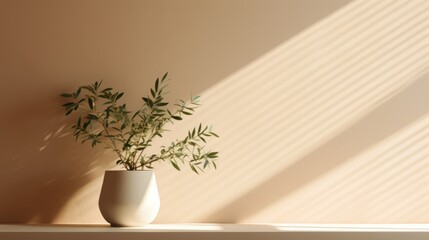 Potted plant in sunlight room. Shadows on a beige wall
