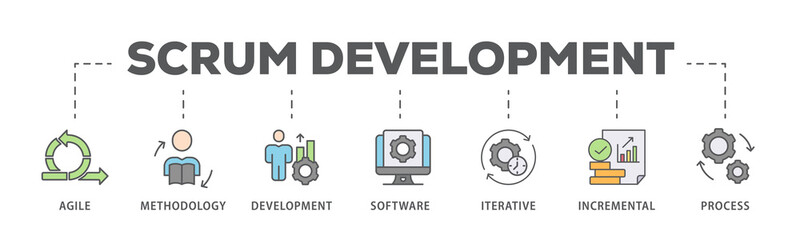Scrum development banner web icon illustration concept with icon of agile, methodology, development, software, iterative, incremental and process