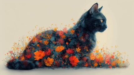 a painting of a black cat with orange and red flowers on it's chest sitting in front of a white background.