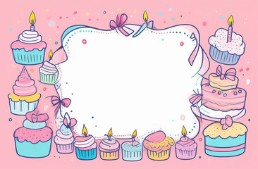 Pastel colors frame with free place for text made from lot of birthday little cakes, candles, gift boxes with big bows.
