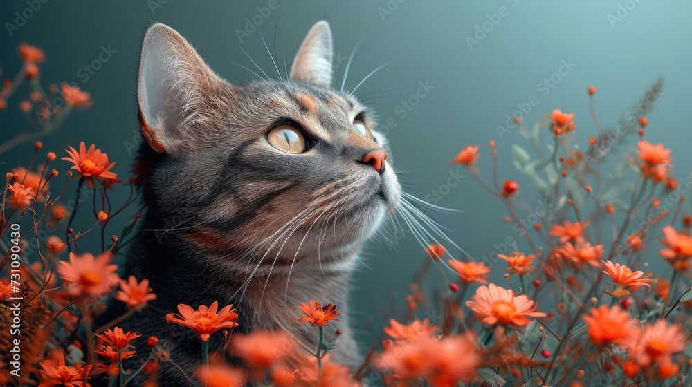 Poster a close up of a cat in a field of flowers with it's face looking up to the sky.