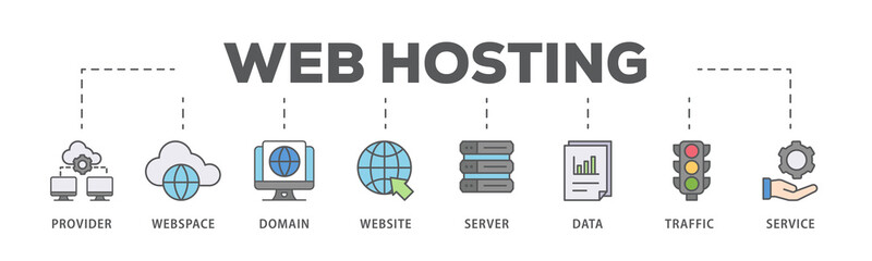 Web hosting banner web icon illustration concept with icon of provider, webspace, domain, website, server, data, traffic and service