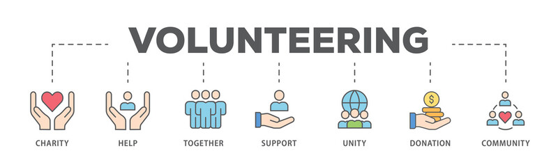 Volunteering banner web icon illustration concept for volunteer aid assistant with icon of charity, help, together, support, unity, donation, and community