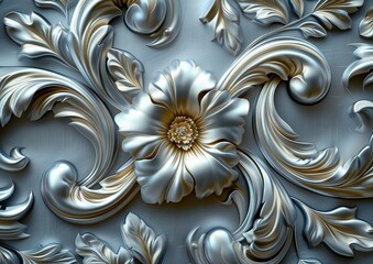 silver background with silver ornament and flowers