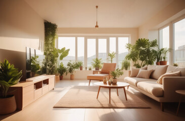 Apartment in light colors and lots of plants, landscaping in a large apartment