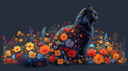 a painting of a black cat sitting in a field of flowers on a dark background with a blue sky in the background.