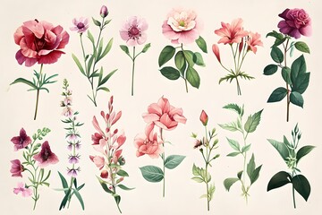 watercolor clip art flowers and botanical illustrations - obrazy, fototapety, plakaty