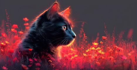 a black cat sitting in the middle of a field of wildflowers with a red glow on its face.