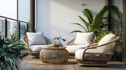 Rattan armchairs with white cushions and pillows and rattan coffee table at balcony with cityscape background. Traditional modern living room Interior