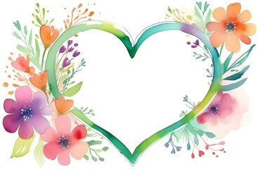 Watercolor frame of flowers in the shape of a heart. Drawn frame of flowers for a postcard.