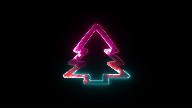 Neon Christmas Tree shape on black background. Neon New Year tree silhouette Christmas tree outline .