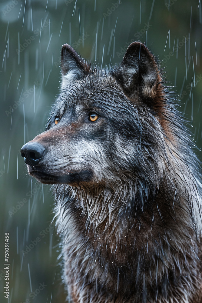 Wall mural Dark grey wolf in its natural habitat with a close-up portrait shoot. Generative AI