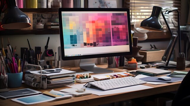 A Designer's Workspace Featuring a Graphic Tablet and Color Swatches