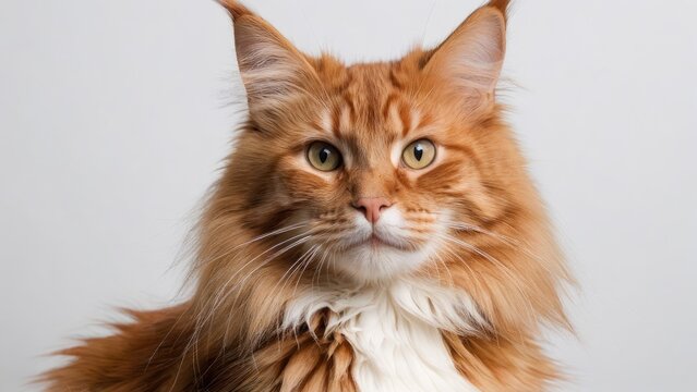 Portrait of Red maine coon cat on grey background