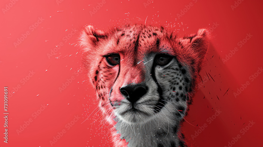 Poster a close up of a cheetah's face on a red background with snow flakes on it.