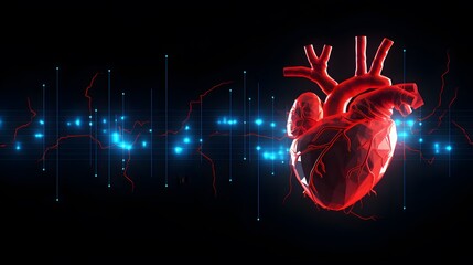 Abstract human heart shape with red cardio pulse line. Creative stylized red heart cardiogram with human heart on black background. Health, cardiology, cardiovascular diseases concept 