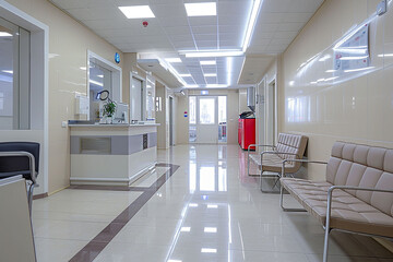 Interior of a modern hospital corridor with a reception desk and chair