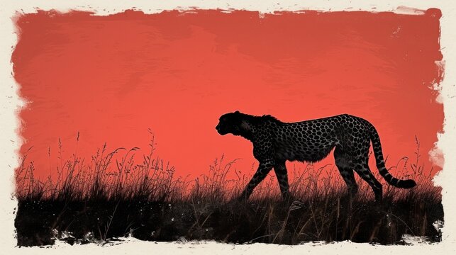 a painting of a cheetah in a field of tall grass with a red sky in the back ground.