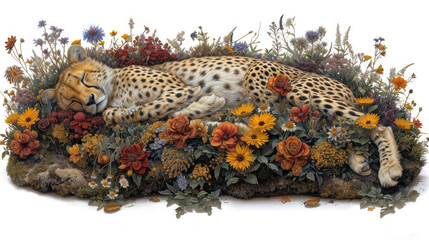 a painting of a sleeping cheetah surrounded by wildflowers and other wildflowers on a white background.