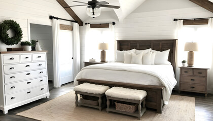 white elegant bedroom with hardwood floors and farmhouse decor