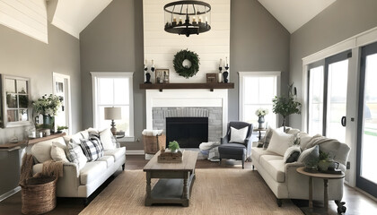 cathedral ceiling in living room with fireplace and neutral farmhouse decor