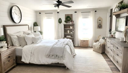 white elegant bedroom with hardwood floors and farmhouse decor