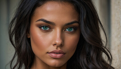Obraz premium Beautiful, tanned, real girl with long wavy black hair, emerald green eyes. generative AI