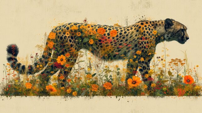a painting of a cheetah standing in a field of wildflowers and daisies in front of a white background.
