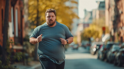 Man with а chubby physique body runs down the street in sports clothes, sports training, weight loss