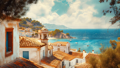 Picturesque idyllic scenery view to the Italian village, Mediterranean Sea bay with vessels at sunny summer day against blue cloudy sky. Vacation, resort concept - obrazy, fototapety, plakaty