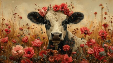a painting of a cow with a flower crown on it's head standing in a field of red flowers.