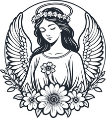 Angel with flowers, vector illustration - 731092483