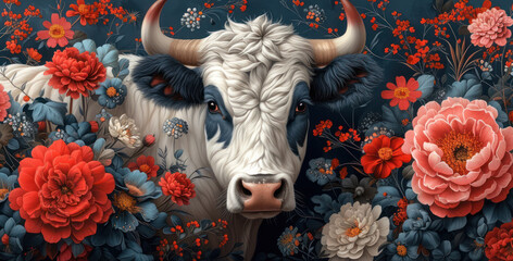 a painting of a bull in a field of flowers with red, white, and blue flowers in the background.