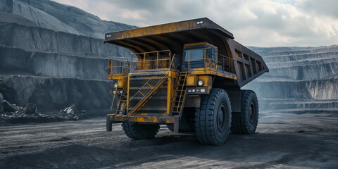 Huge heavy mining dump truck, open pit coal mining, panorama pit coal mining