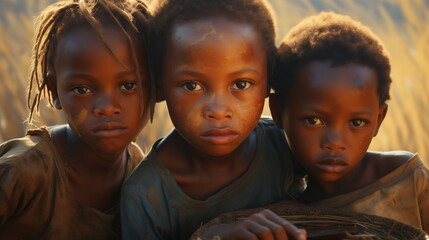 Hungry African children are begging for food. Malnutrition, portrait of refugee children. Africa,...