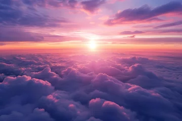 Fotobehang Lichtroze Breathtaking aerial view above clouds at sunset Concept of heavenly beauty and ethereal landscapes