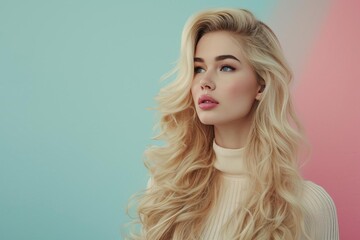 Elegant young woman with long blonde hair Symbolizing hair care and beauty Isolated against a pastel background with space for copy