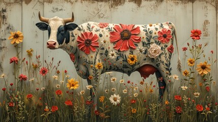 a painting of a cow with flowers painted on it's body in a field of grass and sunflowers.