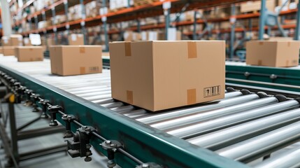 Efficient movement of cardboard box packages on conveyor belt in bustling warehouse environment