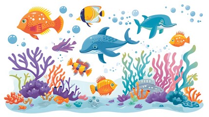 Naklejka premium underwater clip art collection with marine life and ocean elements