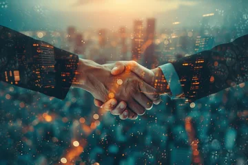 Foto op Plexiglas Alliance forged A close-up of a business handshake A fusion of trust and mutual goals against a cityscape © Bijac