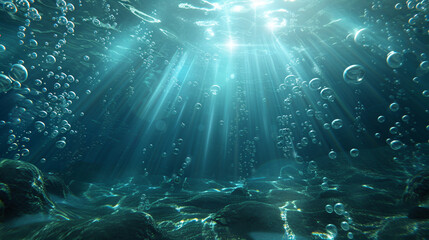 Underwater scene with bubbles and sunbeams.